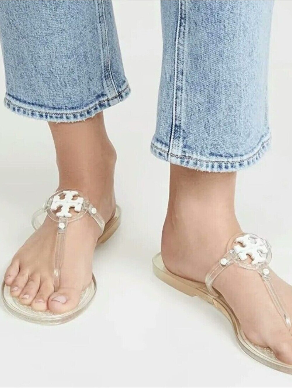 Tory Burch Mini Miller Clear Jelly Toe-Post Sandals with Logo Accent Size 6